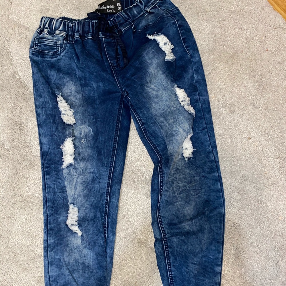 Ripped faded tie dye capris jeans denim elastic